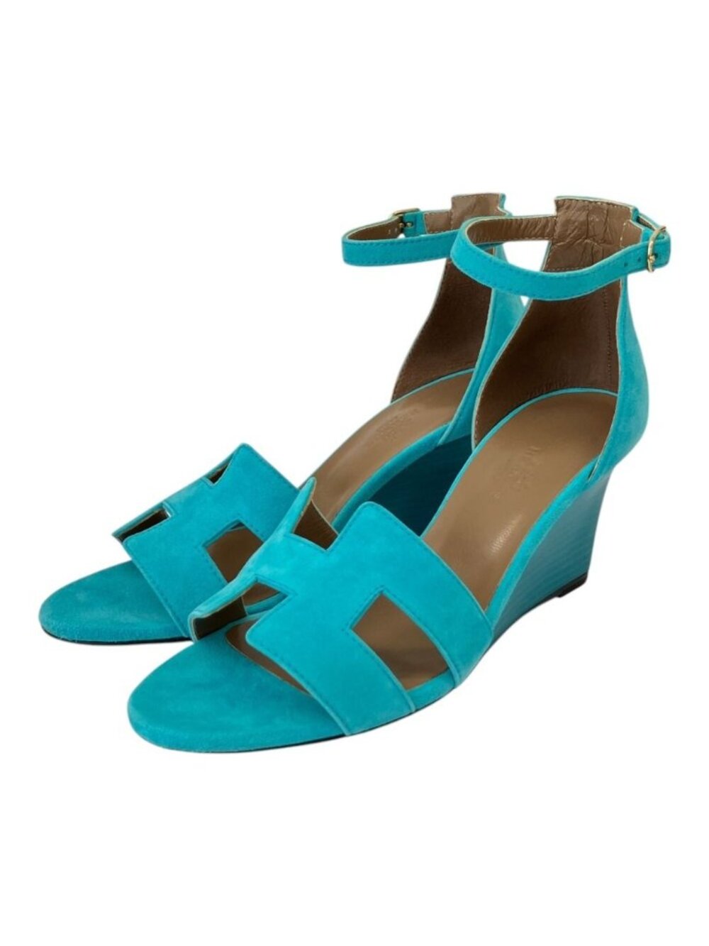 Hermes Legend H Motif Wedge Sole Sandals Turquoise Blue